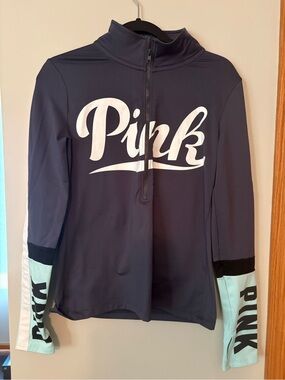 PINK Ultimate Medium Gray Half-Zip Pullover with Mint Sleeve Panels